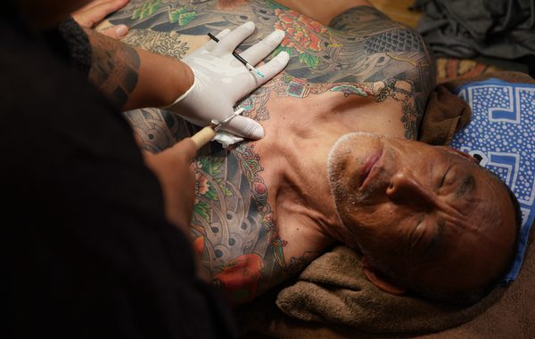 Japanese tattoo artist Horikazu. Photographs made on July 24, 2024 in Asakusa. Tokyo, Japan.