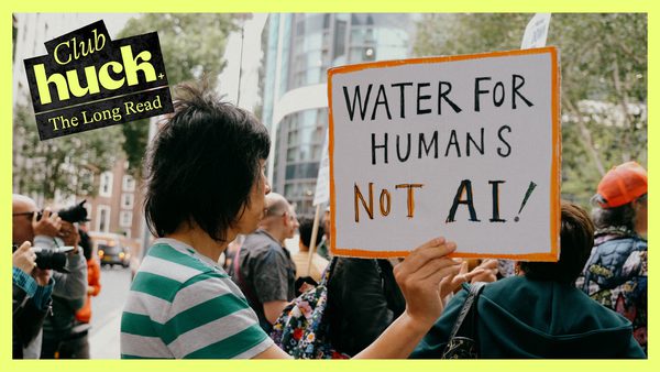 Protester holding a handwritten sign reading "Water for Humans NOT AI!" at an outdoor demonstration in an urban setting.